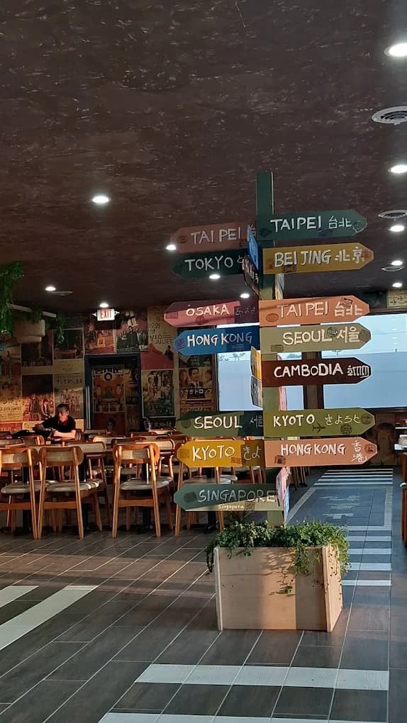 Custom hand-painted directional signpost inside ASF, with arrows pointing toward Taipei, Tokyo, Beijing, Osaka, Hong Kong, Seoul, Cambodia, Kyoto and Singapore.